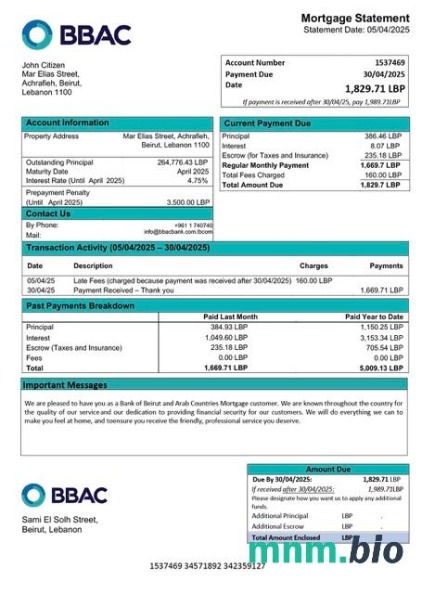 Liban Bank of Beirut and Arab Countries (BBAC) wyciąg z kredytu hipotecznego szablon Word i PDF